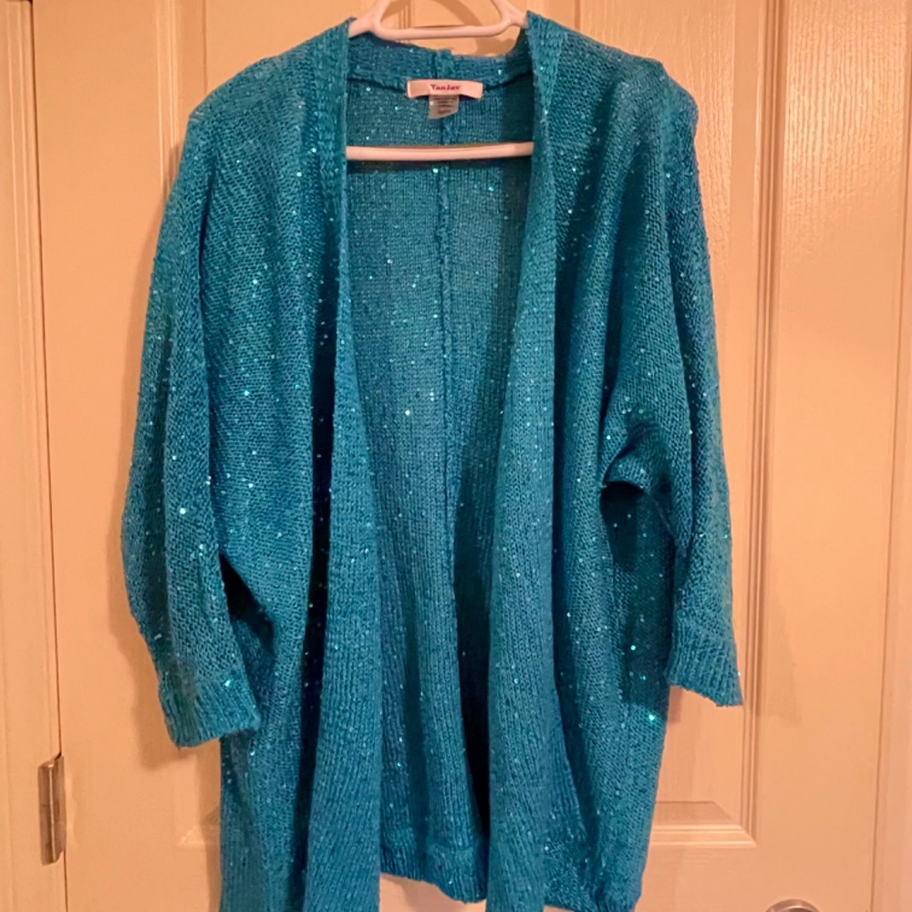 Vintage Teal Sequin Open-Front Women's Cardigan Sweater - Vassarette